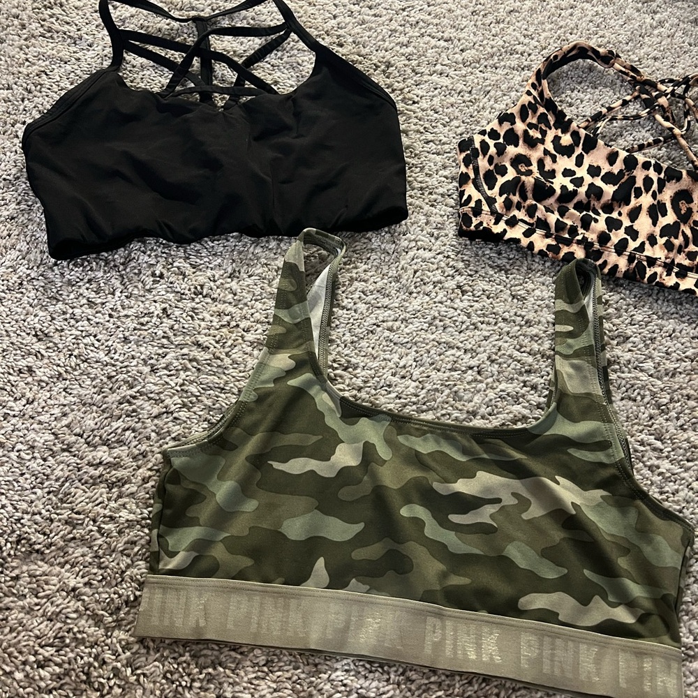 PINK Victoria's Secret Green and Black Sports Bras with Strappy Design